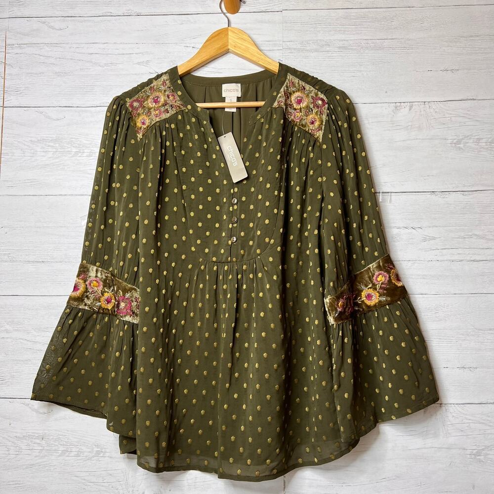 Chicos Blouse Womens Size 1/Medium Dark Olive Green Velvet Embroidered Flowers